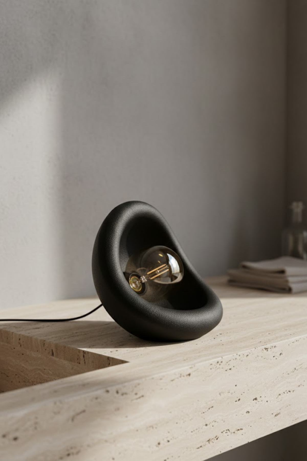 Modern Beton Dokulu Organik Oval Masa Abajuru 25 cm - Siyah