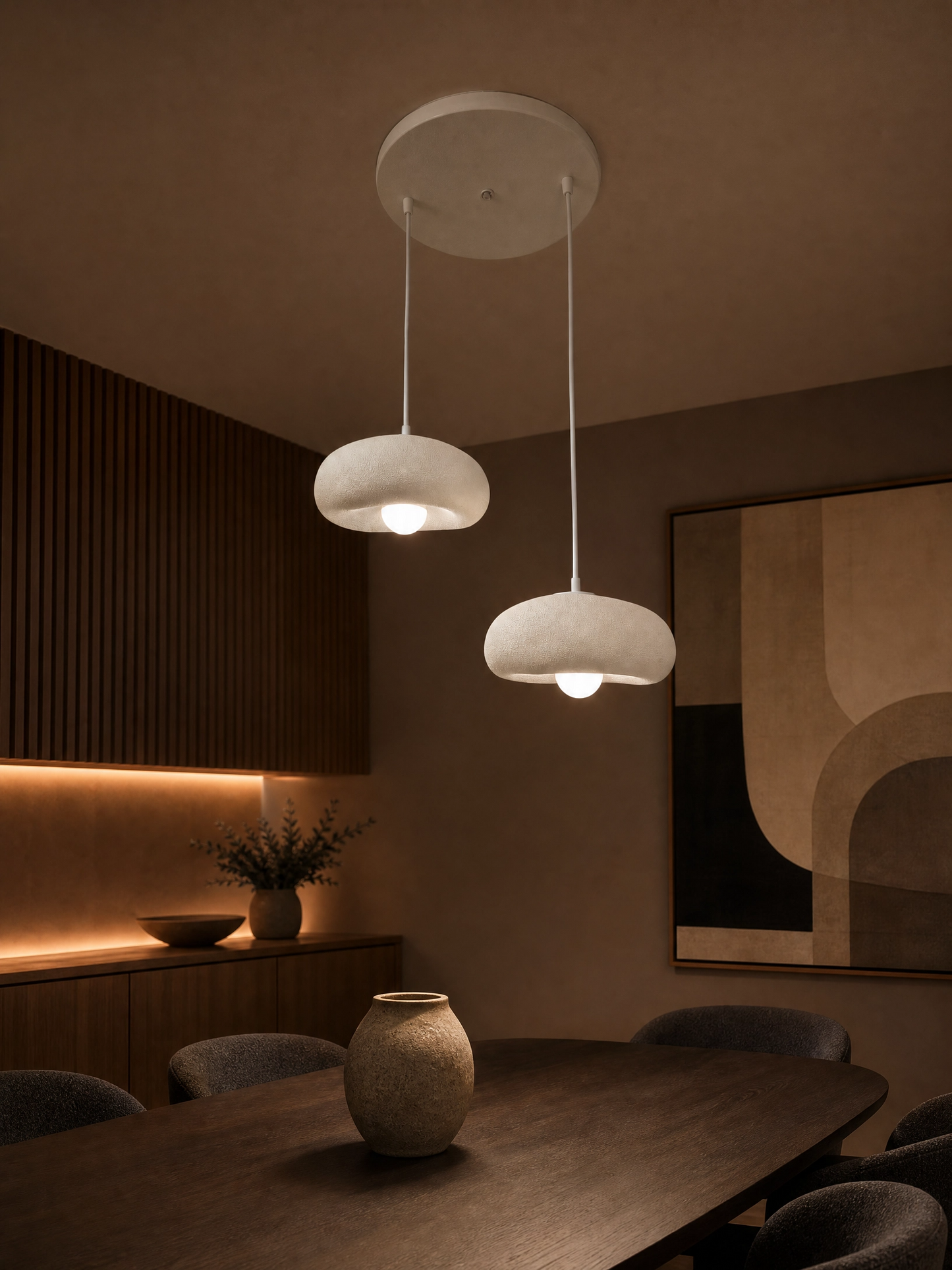 DropcekHome İkili Beyaz Doğal Dokulu Sarkıt Avize – Modern ve Minimal Aydınlatma