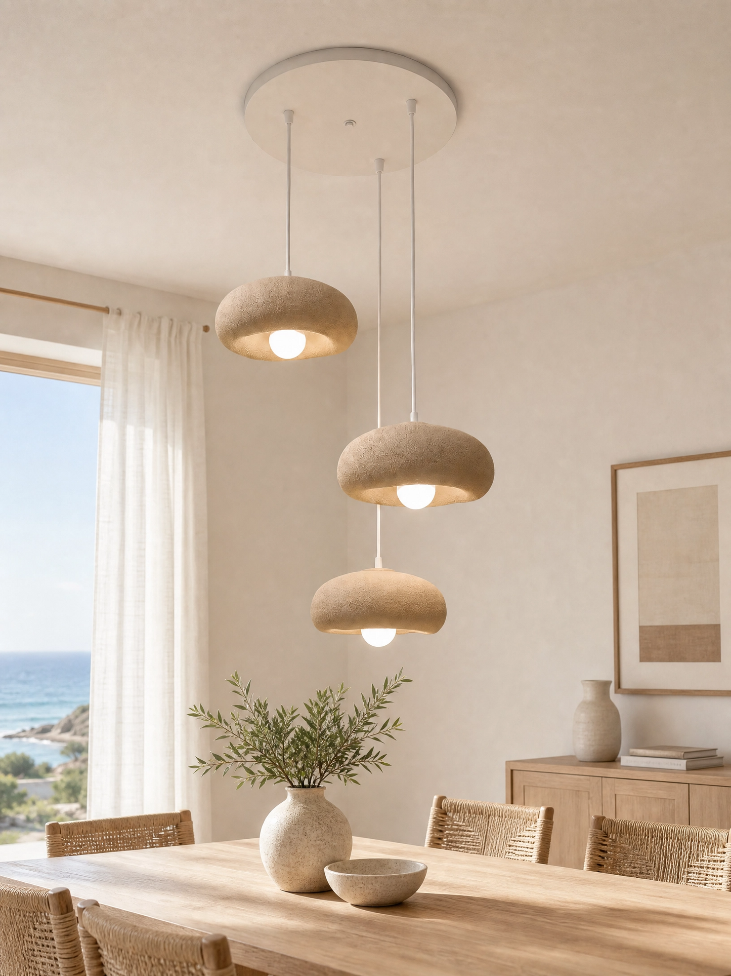 DropcekHome Üçlü Doğal Dokulu Sarkıt Avize – Modern Yemek Masası Aydınlatması