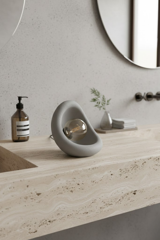 Modern Beton Dokulu Organik Oval Masa Abajuru 25 cm - Gri