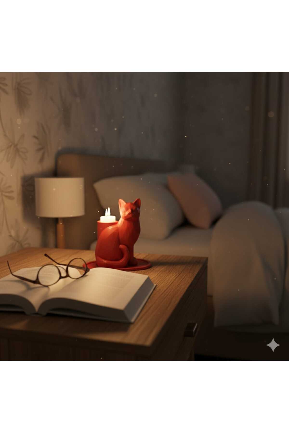 Kırmızı Mozaik Kedi Figürlü Dekoratif LED Mumluk