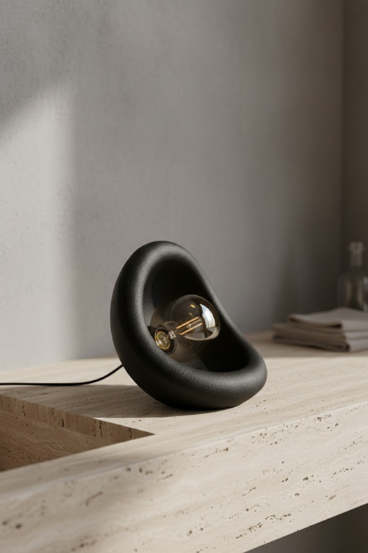 Modern Beton Dokulu Organik Oval Masa Abajuru 25 cm - Siyah