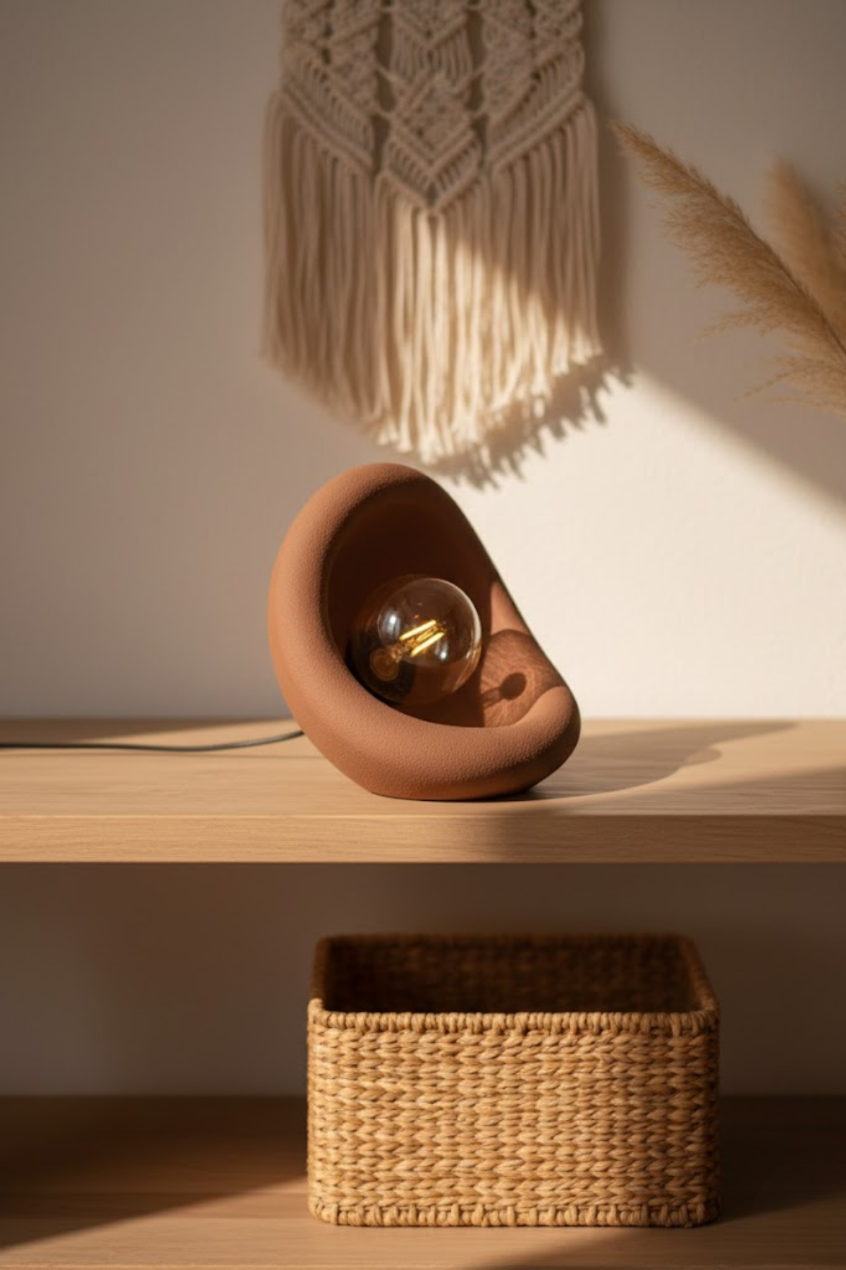 Modern Beton Dokulu Organik Oval Masa Abajuru 25 cm - Kahverengi
