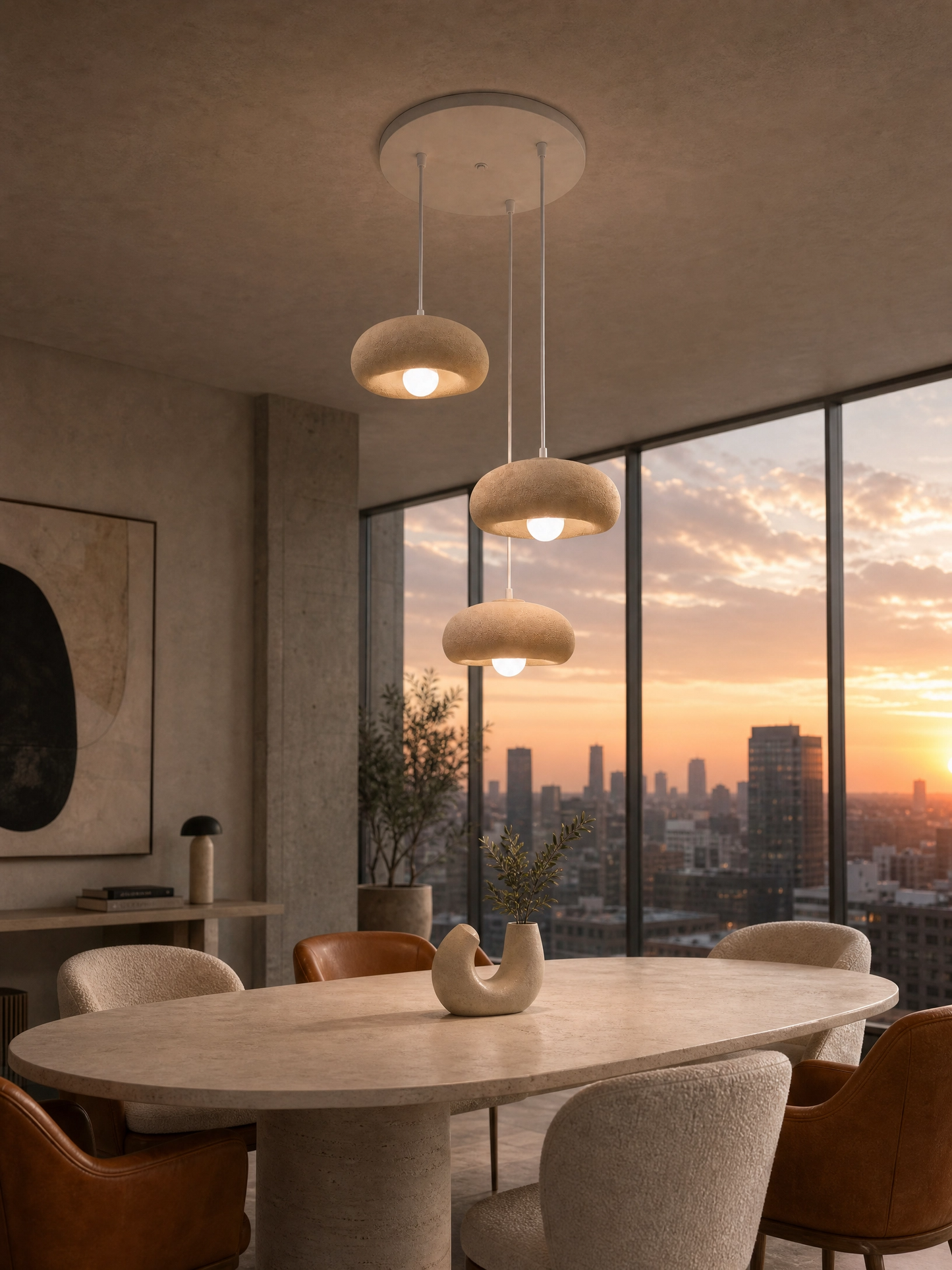 DropcekHome Üçlü Doğal Dokulu Sarkıt Avize – Modern Yemek Masası Aydınlatması
