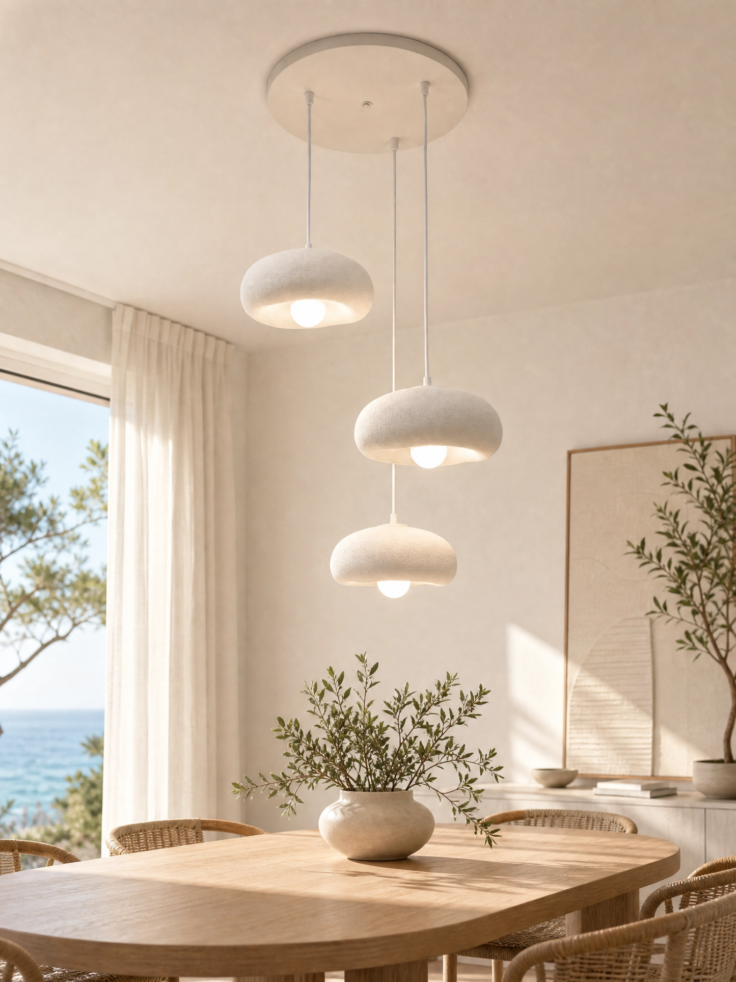 DropcekHome Üçlü Beyaz Doğal Dokulu Sarkıt Avize – Modern ve Minimal Aydınlatma