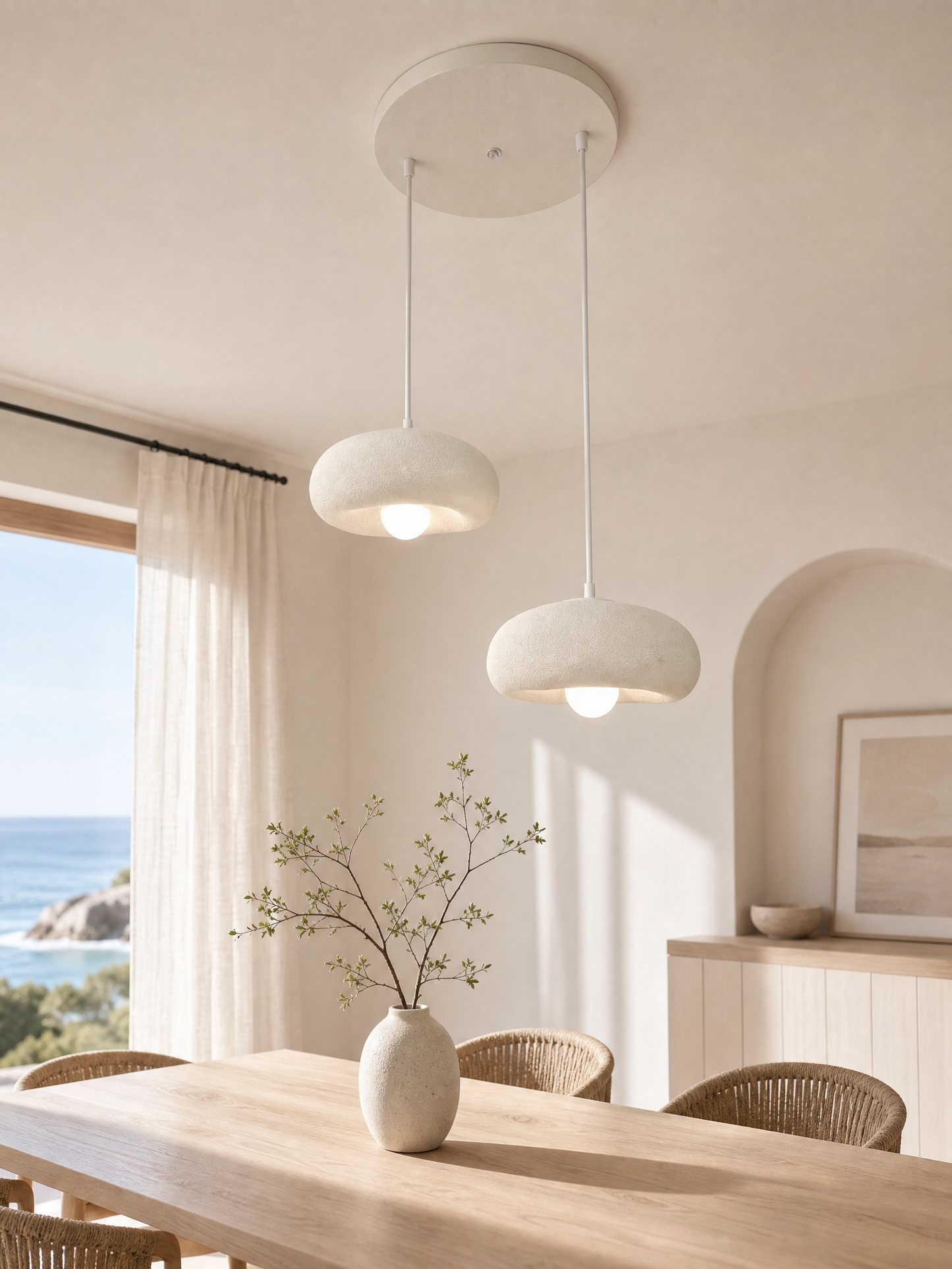 DropcekHome İkili Beyaz Doğal Dokulu Sarkıt Avize – Modern ve Minimal Aydınlatma