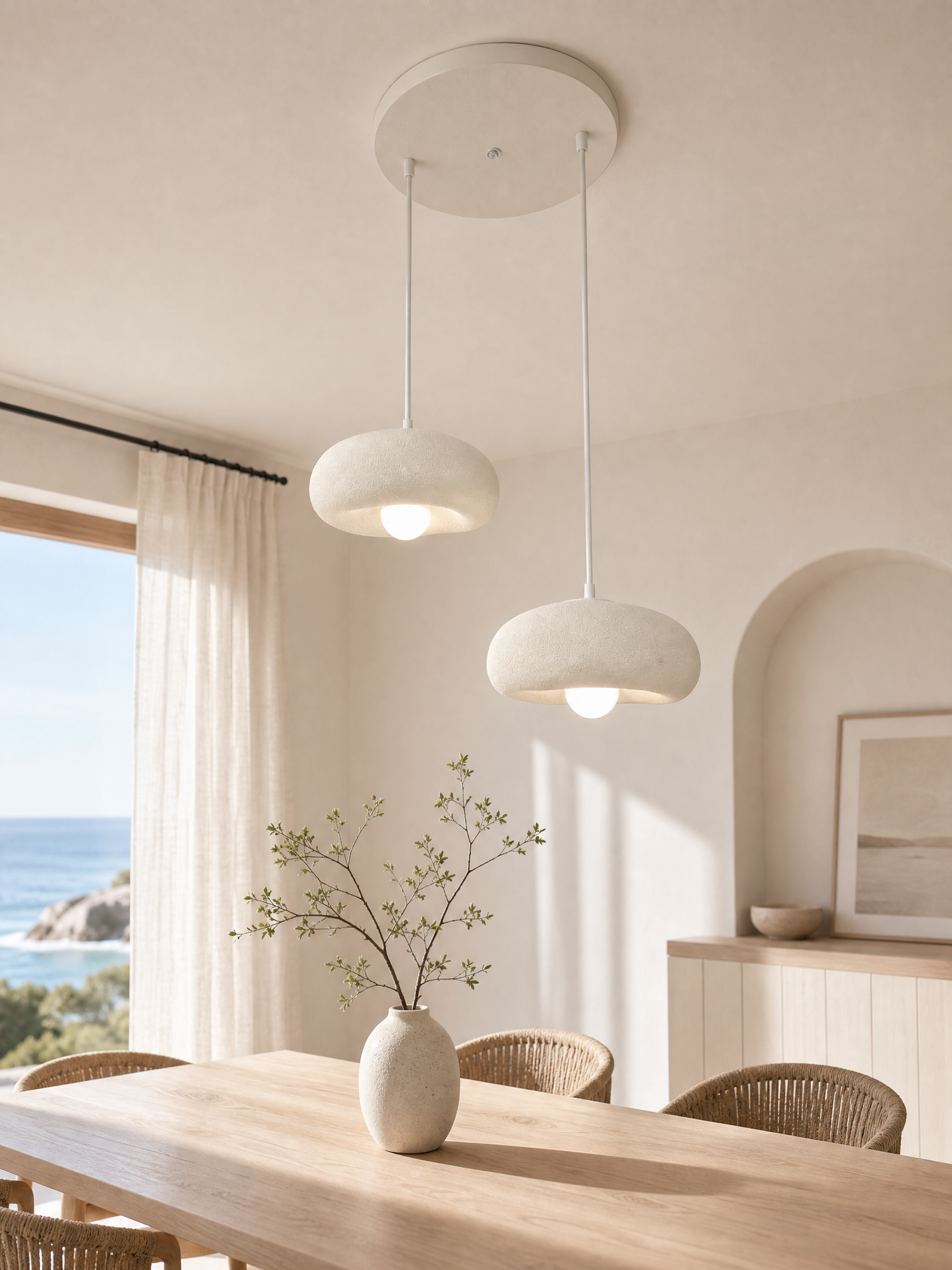 DropcekHome İkili Beyaz Doğal Dokulu Sarkıt Avize – Modern ve Minimal Aydınlatma