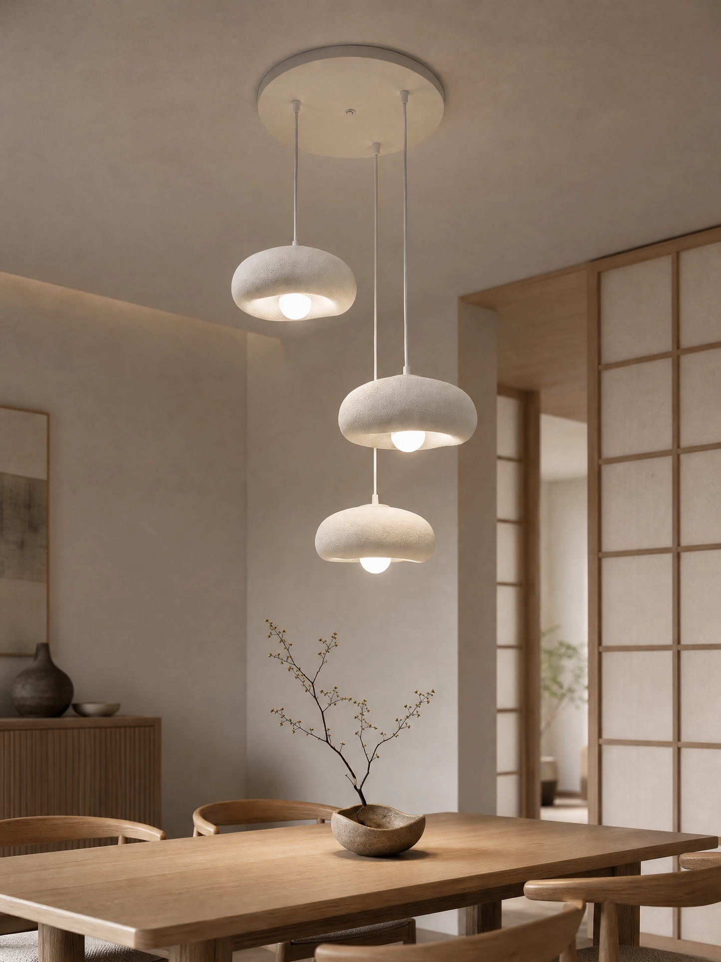 DropcekHome Üçlü Beyaz Doğal Dokulu Sarkıt Avize – Modern ve Minimal Aydınlatma
