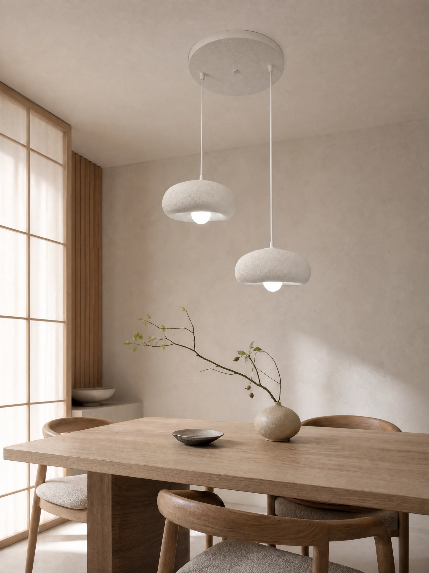 DropcekHome İkili Beyaz Doğal Dokulu Sarkıt Avize – Modern ve Minimal Aydınlatma