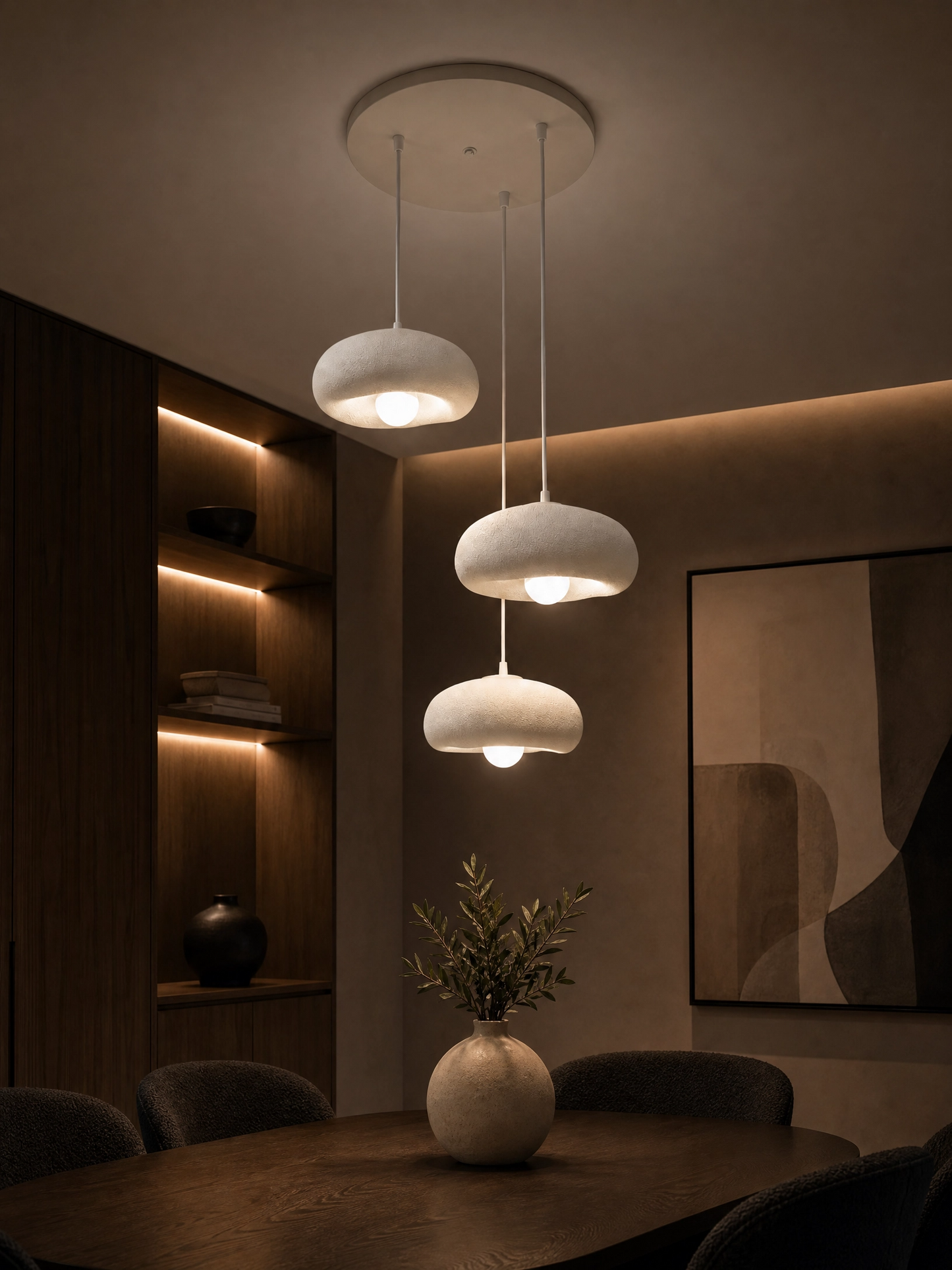 DropcekHome Üçlü Beyaz Doğal Dokulu Sarkıt Avize – Modern ve Minimal Aydınlatma