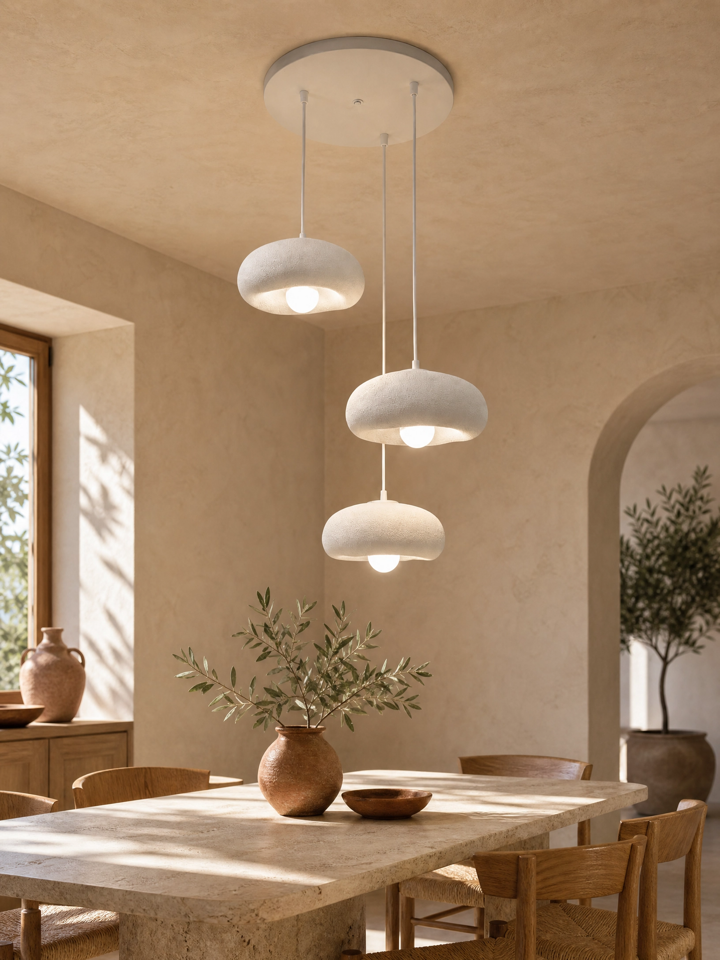 DropcekHome Üçlü Beyaz Doğal Dokulu Sarkıt Avize – Modern ve Minimal Aydınlatma