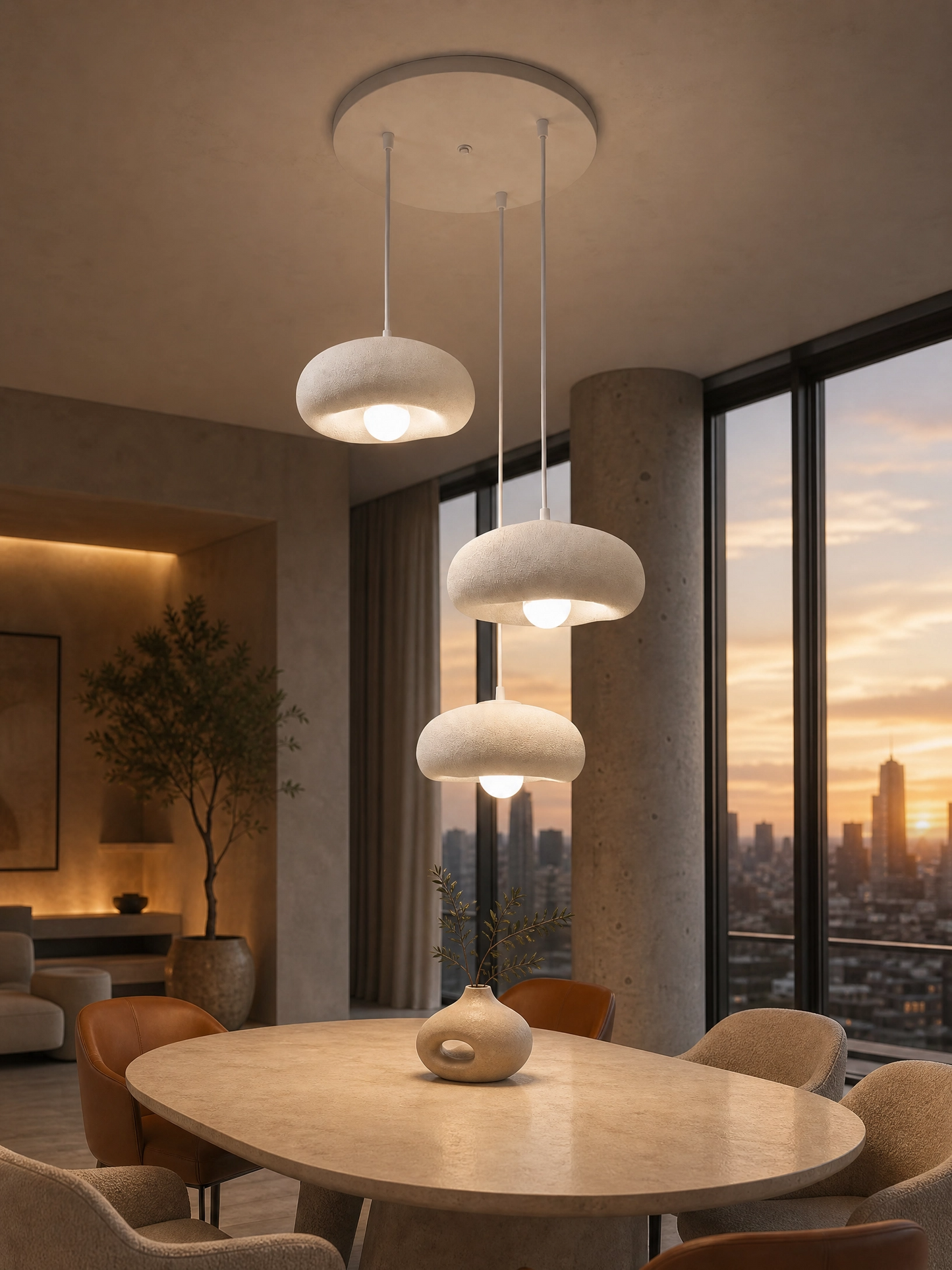 DropcekHome Üçlü Beyaz Doğal Dokulu Sarkıt Avize – Modern ve Minimal Aydınlatma