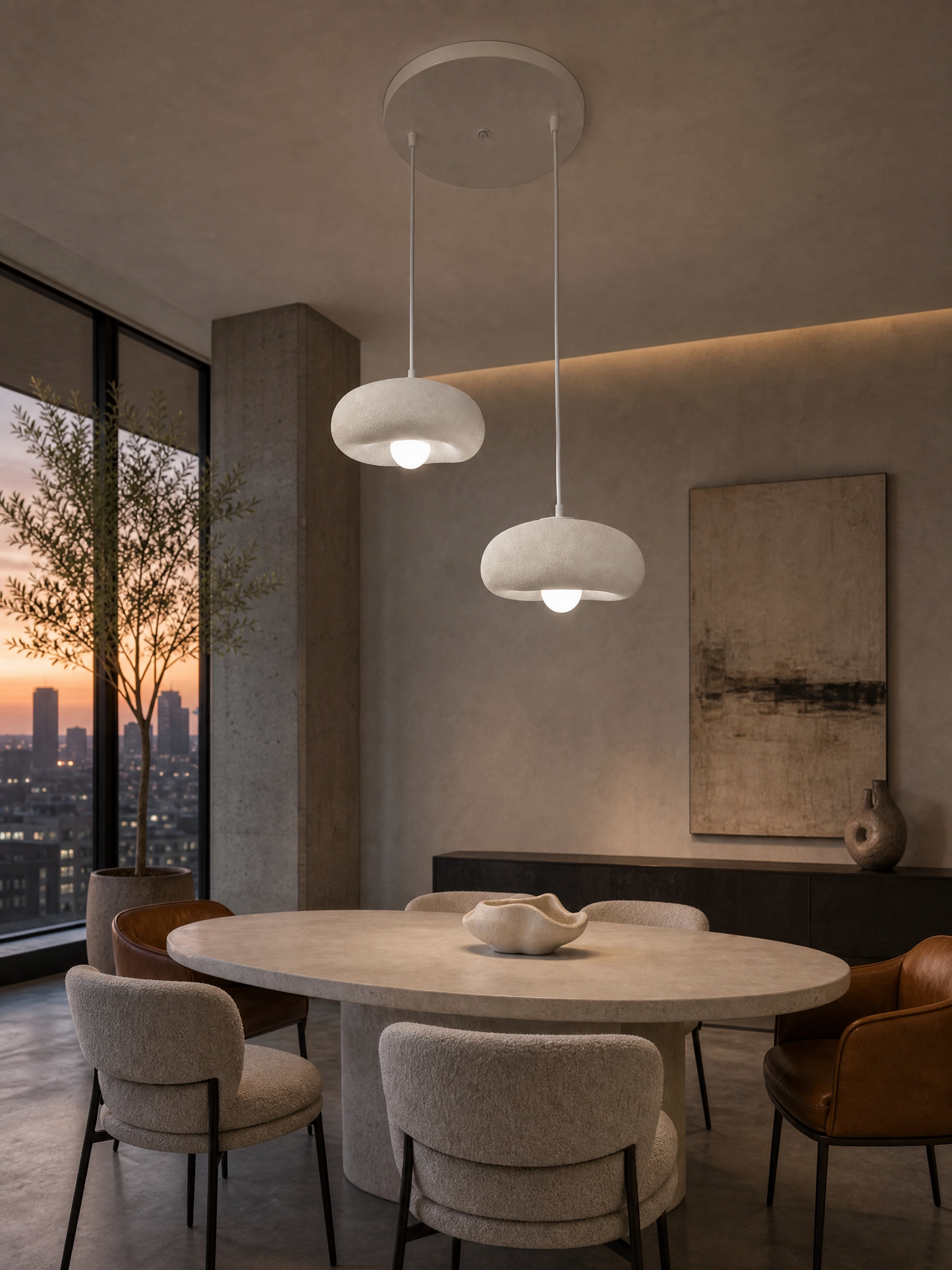 DropcekHome İkili Beyaz Doğal Dokulu Sarkıt Avize – Modern ve Minimal Aydınlatma