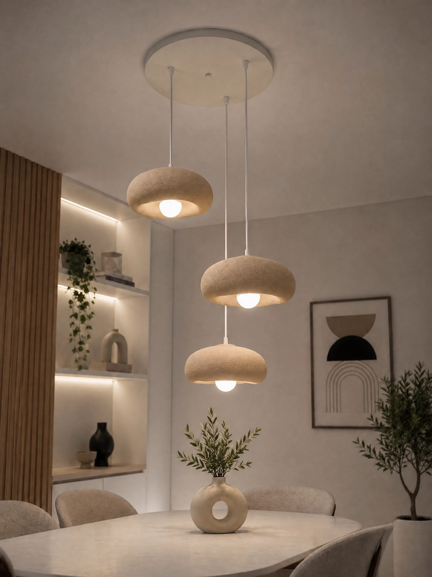 DropcekHome Üçlü Doğal Dokulu Sarkıt Avize – Modern Yemek Masası Aydınlatması
